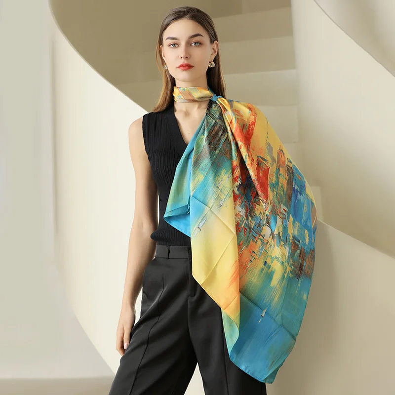 

Women Spring Floral Print Silk Scarf Natural Ice Silk Scarf 90*90 Cm Square Scarf Fashion Temperament Bundled Silk Scarf