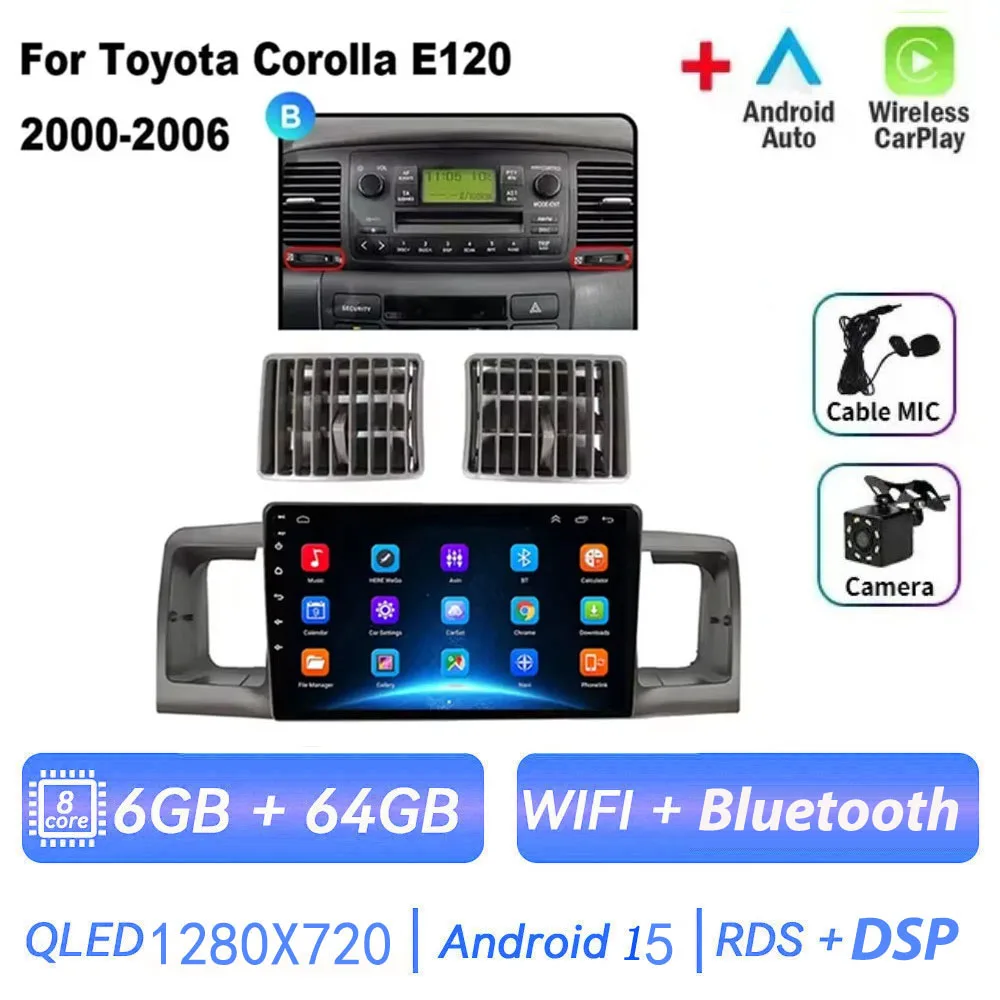 

Для Toyota Corolla E130 E120 2000-2006 Android 15, автомобильный радиоприемник, мультимедийный плеер, навигация, GPS, беспроводной Carplay 2din, стерео DVD