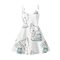 Cute White Cat Panda Pattern Print Sexy Party Dress for Girl Summer One Piece Sundress Beach Strappy Knee Length Holiday Party