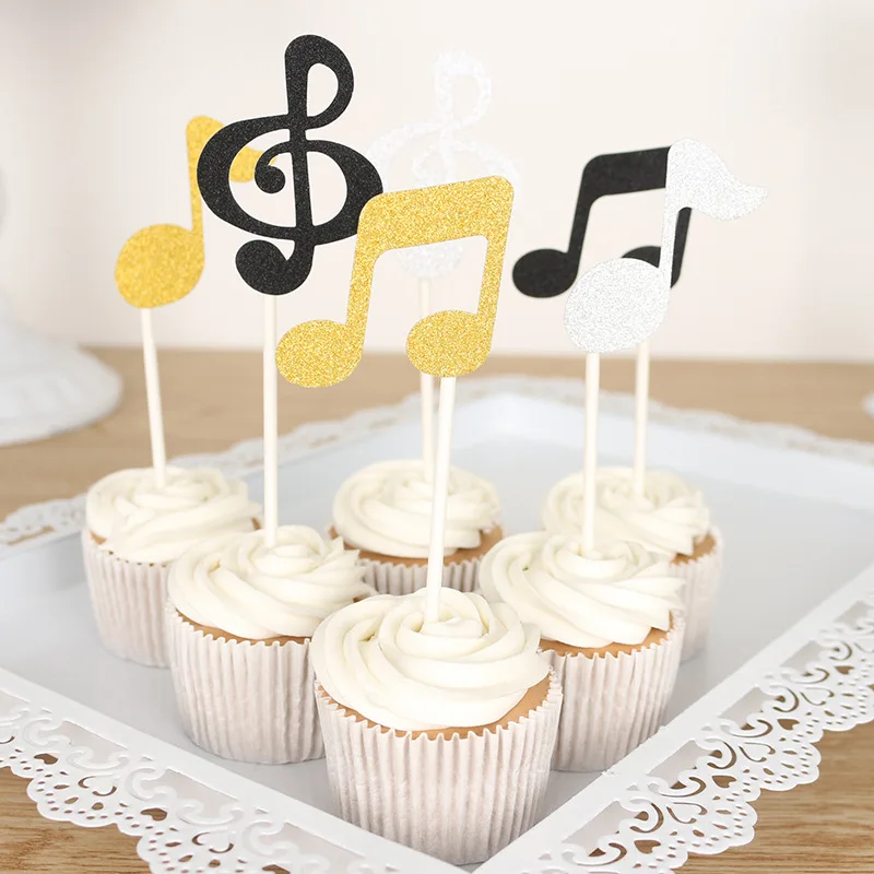 

3 Colors Gold Silver Black Music Note Cake Topper Baking Cake Decoration Happy Birthday Party Supplies Cake Accessories