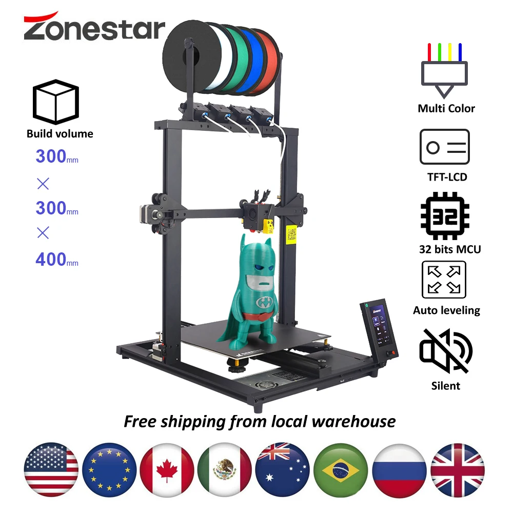 ZONESTAR 2023 New 4 Extruders 4-IN-1-OUT Mixing Multi Color Large Size High Precision Resolution 3D Printer DIY Kit Z8PM4Pro-MK2