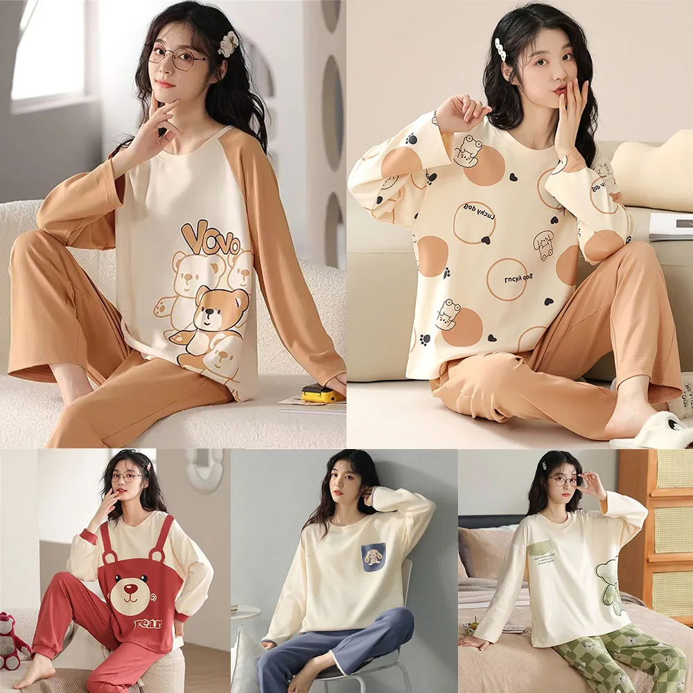 

Women's Fashion Plus Size M-5XL Pajamas Home Clothes Crewneck Long Sleeve Printed Top Stylish Waist Pants Pajamas 2PCS