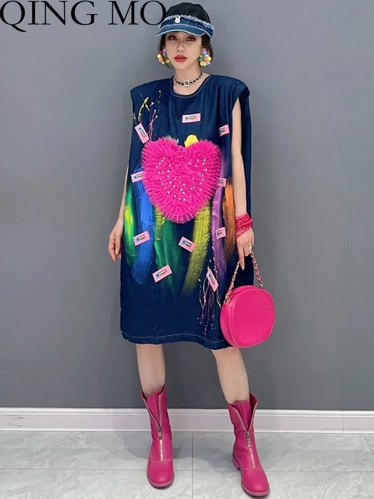 QING MO 2023 Summer New Korean Fashion Love Mesh Sleeveless Medium Length Denim Dress Women Blue Sleeveless Dress ZXF2927