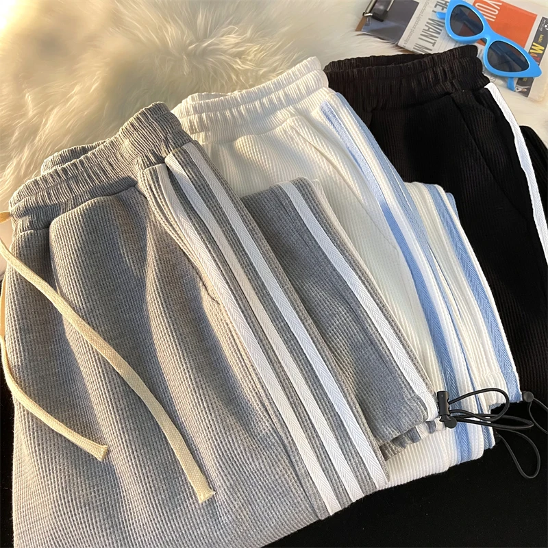 

Japanese handsome retro Ins Hong Kong wind rope casual pants Waffle three-bumper trend loose sports long pants