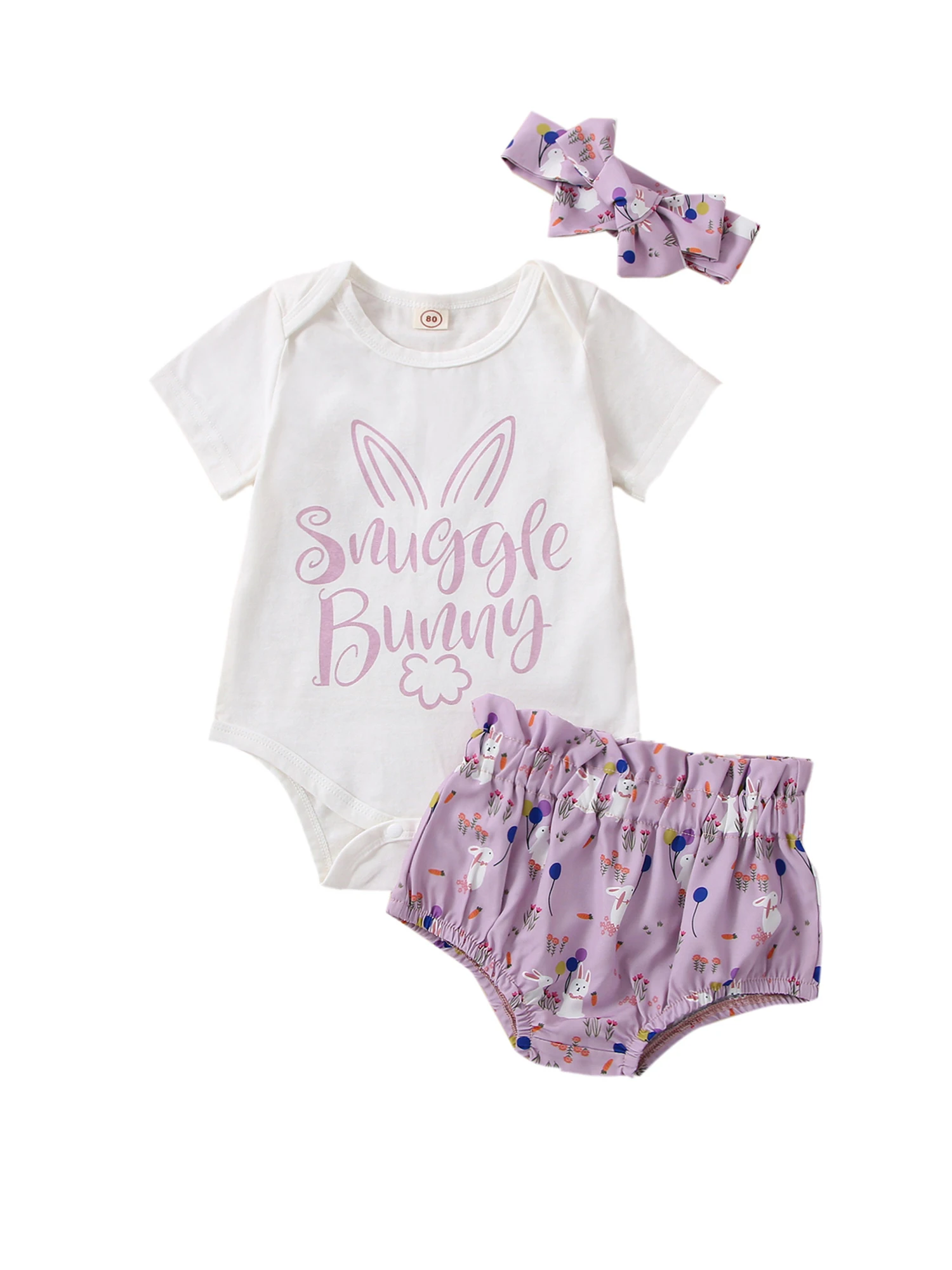 

Easter Newborn Baby Girls Jumpsuit Set Summer Bunny Letter Print Short Sleeve Romper and Elastic Shorts Headband Clothes