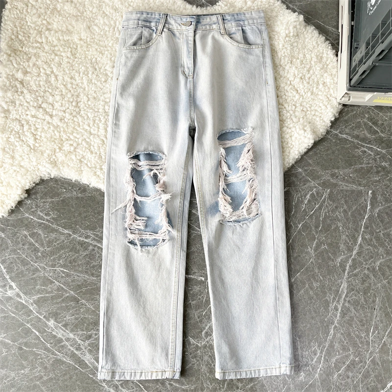 

Hiphop Ripped Jeans Men and Women High Street Ins Beggar Personality Fried Street Loose High Waist Wide Legs Summer Streetwear