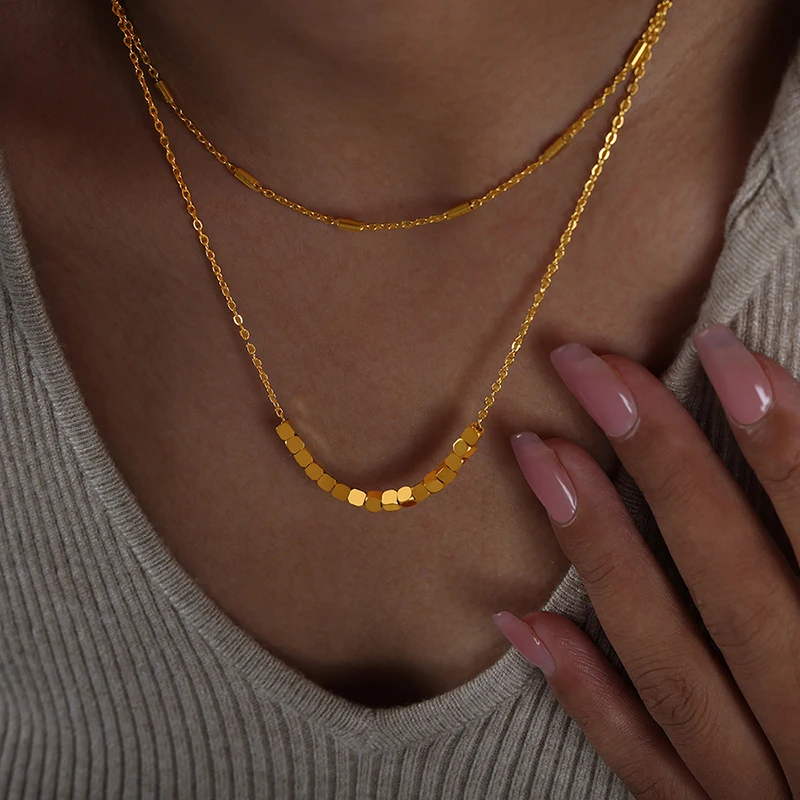 

Fashion Double-Layer Gold Block Pendant Necklace Trend Women'S Neck Hanging Stainless Steel High Quality Fine Jewelry Girl Gift