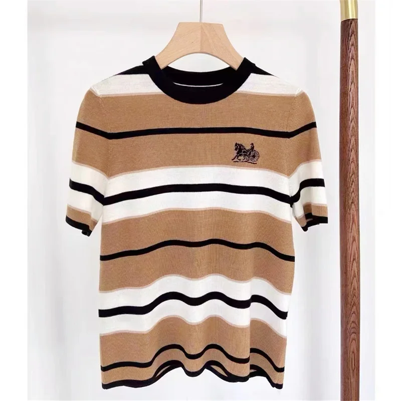 

2022 Spring And Summer New Knitted Fashion Striped Ice Linen Sweater Ladies Short-Sleeved Loose Round Neck All-Match T-Shirt Top