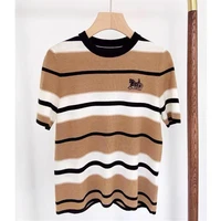 2022 spring and summer new knitted fashion striped ice linen sweater ladies short sleeved loose round neck all match t shirt top