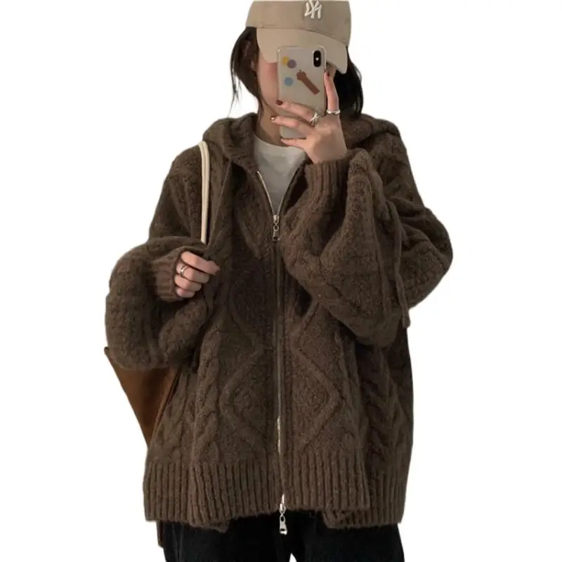 

Women's autumn and winter knitting cardigan leisure 2021 hooded twist sweater zipper long-sleeve crochet coat