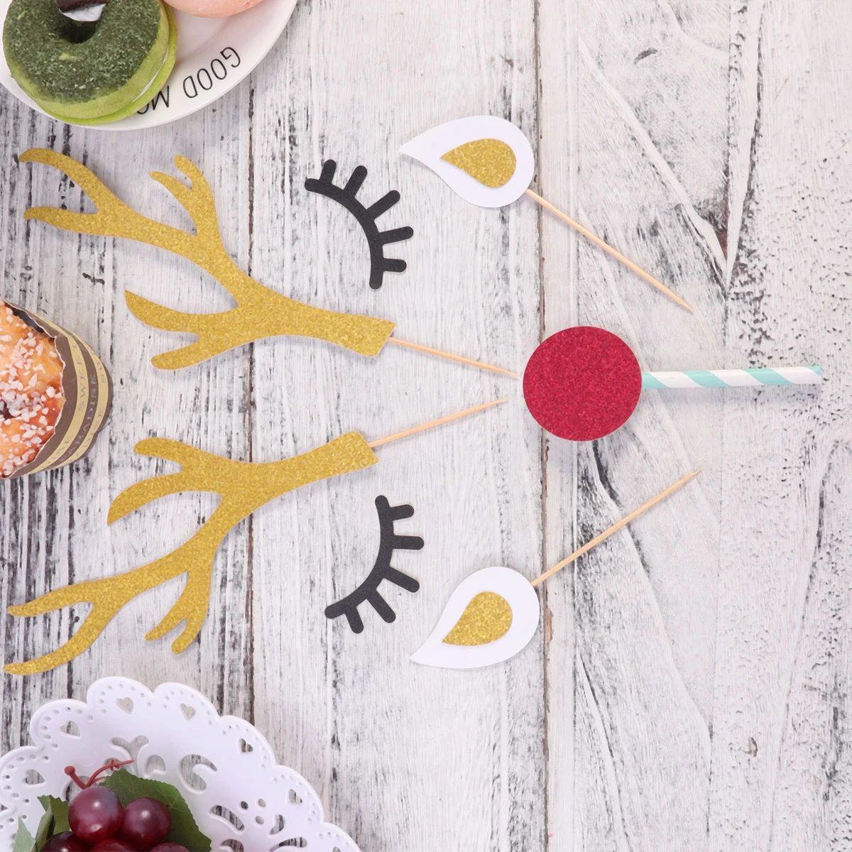 

Christmas Cupcake Picks Topper Reindeer Deer Antler Pick Decorations Decoration Decor Glitter Elk Holiday Cartoon Dessertsticks
