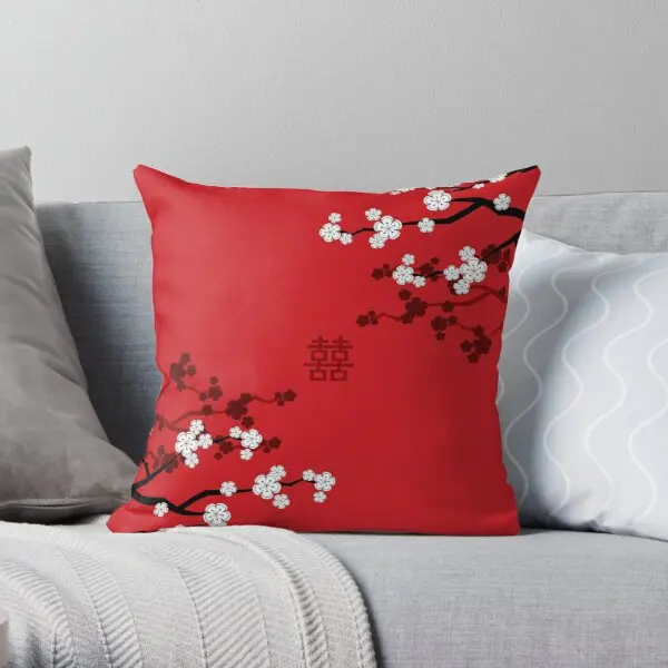 

White Oriental Cherry Blossoms On Red An Printing Throw Pillow Cover Polyester Peach Skin Comfort Car Soft Pillows not include