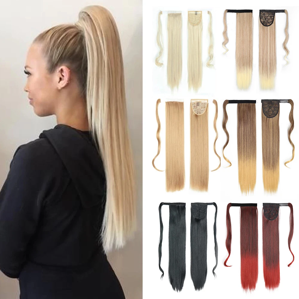 Azqueen Synthetic Long Straight Wrap Around Clip In Ponytail Hair Extension Heat Resistant Pony Tail Fake Hair