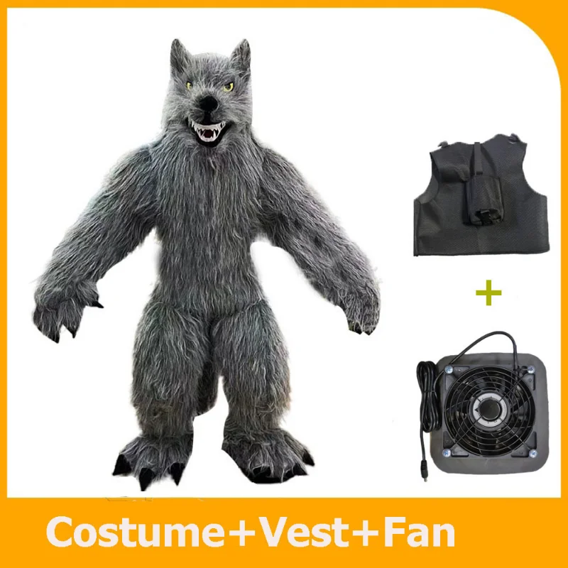 Realistic Long Hair Wolf Costume Inflatable Suit Fur Mascot Full Body Blow Up Fancy Dress Walking and Wearable for Events |