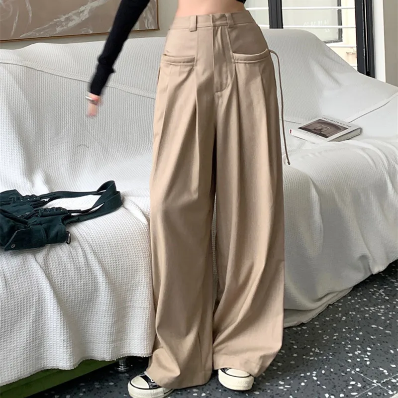 2023 Spring New Wide Leg Pants Women Loose Casual Trousers Pockets Elastic Back Waist Suits Pant Female 4723