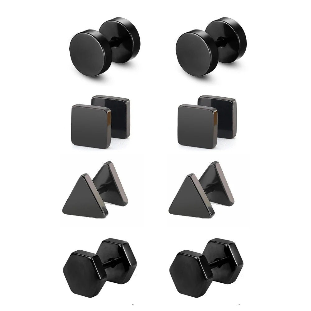 

1-4 Pairs Unisex Men Women Round/Triangle/Hexagon/Square Barbell Dumbbell Punk Gothic Stainless Steel Ear Studs Earrings