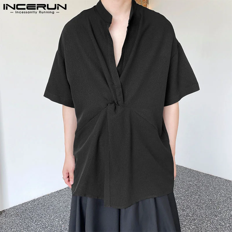 

INCERUN Men Shirt Solid Color Stand Collar Short Sleeve Streetwear Loose Irregular Shirts Summer 2023 Casual Men Clothing S-5XL