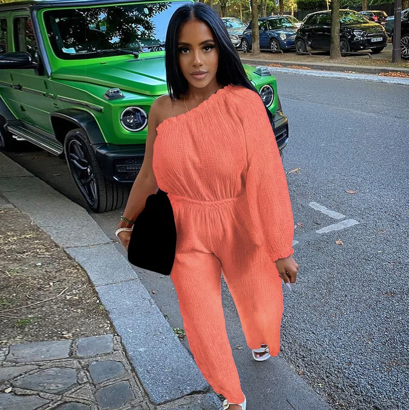 

KEXU One Shoulder Long Sleeve High Waist Jumpsuit Fashion Streetwear Solid Casual Women Playsuit Romper One Piece Overalls