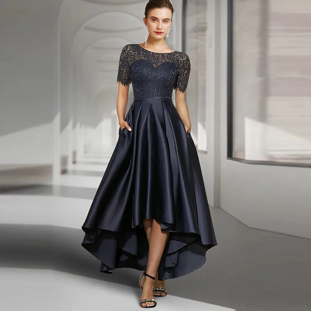 

Summer Short Sleeves Mother Of The Bride Dresses Corset With Lace Appliques Ankle-Length O Neck Growns For Weddings Women Guest