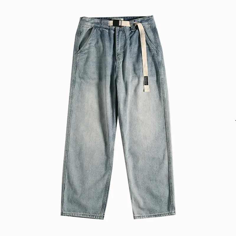 

Джинсы с широкими штанинами мужские, модные однотонные повседневные Прямые джинсовые брюки в стиле ретро, уличная одежда в стиле хип-хоп, мо...