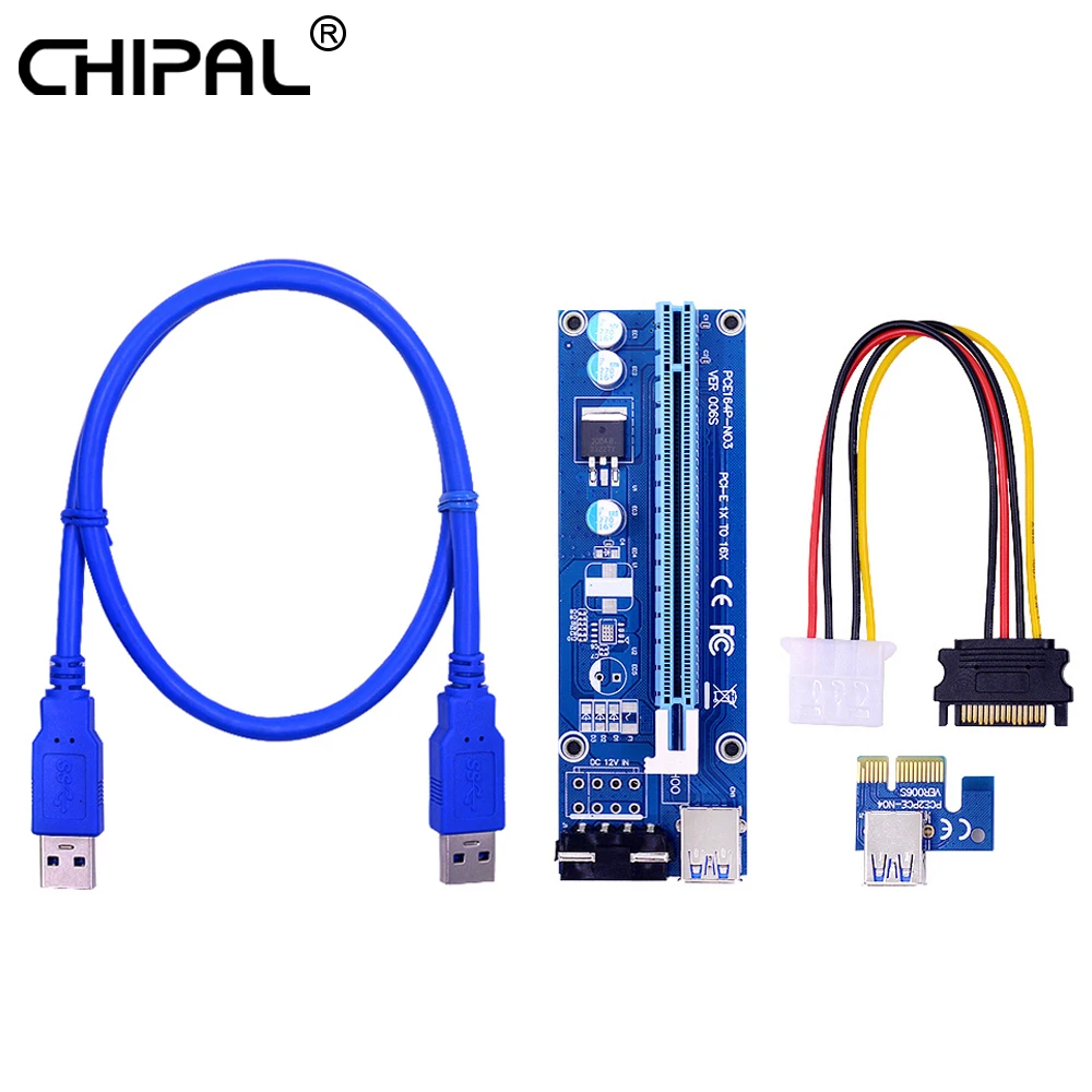 

CHIPAL 0.6M 1M VER006S PCI-E 1X to 16X Riser Card PCIe Extender SATA to 4Pin Power USB 3.0 Cable for Video Graphics Card