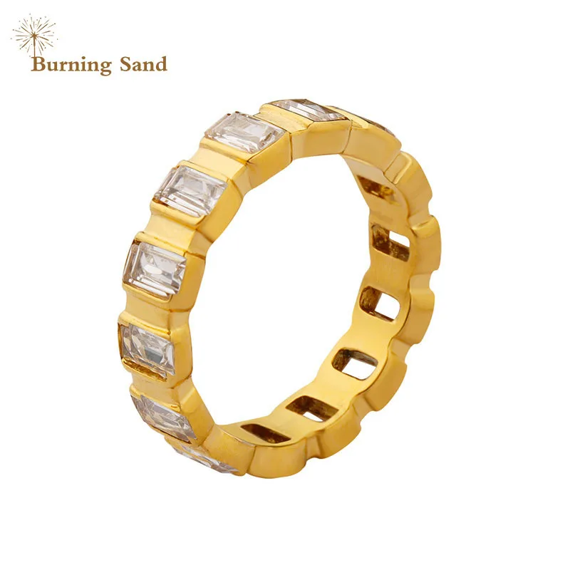Burning Sand Personalized Full Diamond Zircon Rings Titanium Steel 18K Gold-plated Wedding Ring for Women Gift