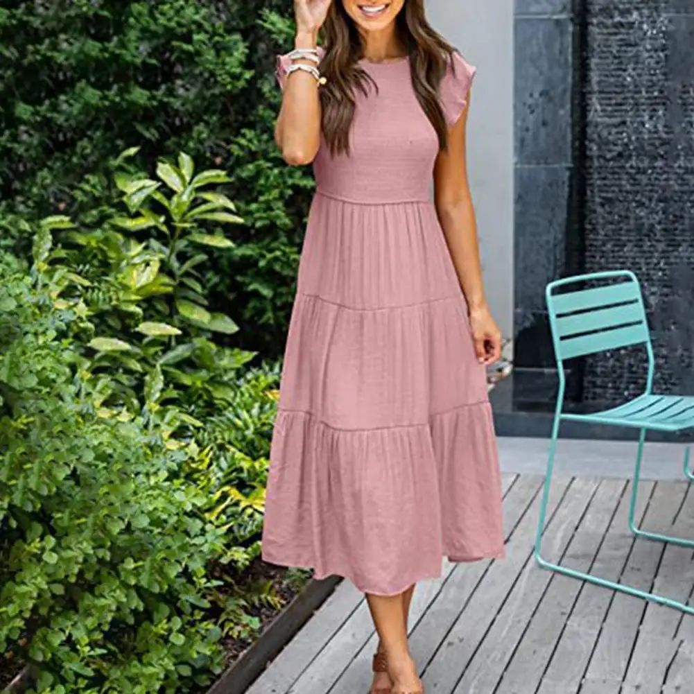 

Ladies Stylish Pleats Tiered Dress Female Women Dress O-Neck Streetwear