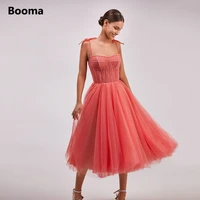 booma coral tulle midi prom dresses spaghetti straps beaded corset a line wedding party dresses tea length formal party gowns
