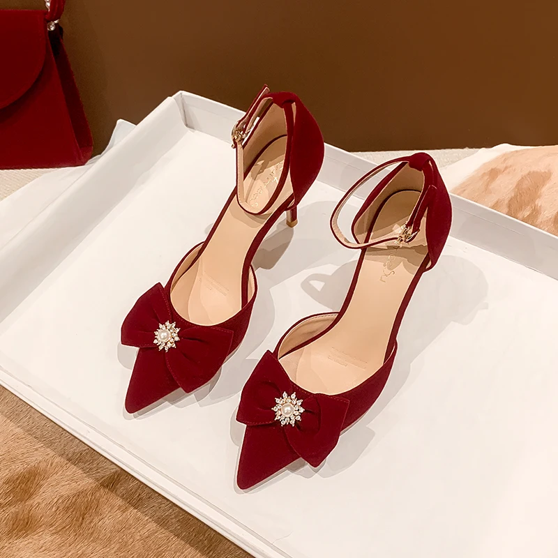 Wine Red Suede Wedding Shoes Women New Pear Bowknot French Bride Dress Sandals Hollow Pointed Toe Ankle Strap Stiletto High Heel
