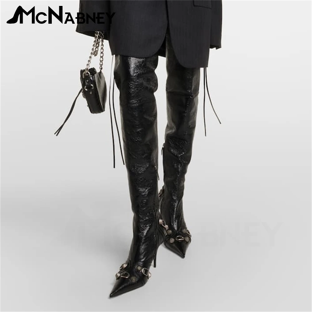 Leather Over-The-Knee Boots Pointed Toe Stiletto Boots for Women Metal Rivet Accessories Luxury Fashion Designer High Heel Boots