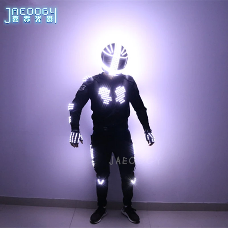 

Free Shipping Singer Illuminated LED Clothes Hip-Hop Robot Dance Fluorescent Clothes Pants Halloween Party Lights Helmet Gloves