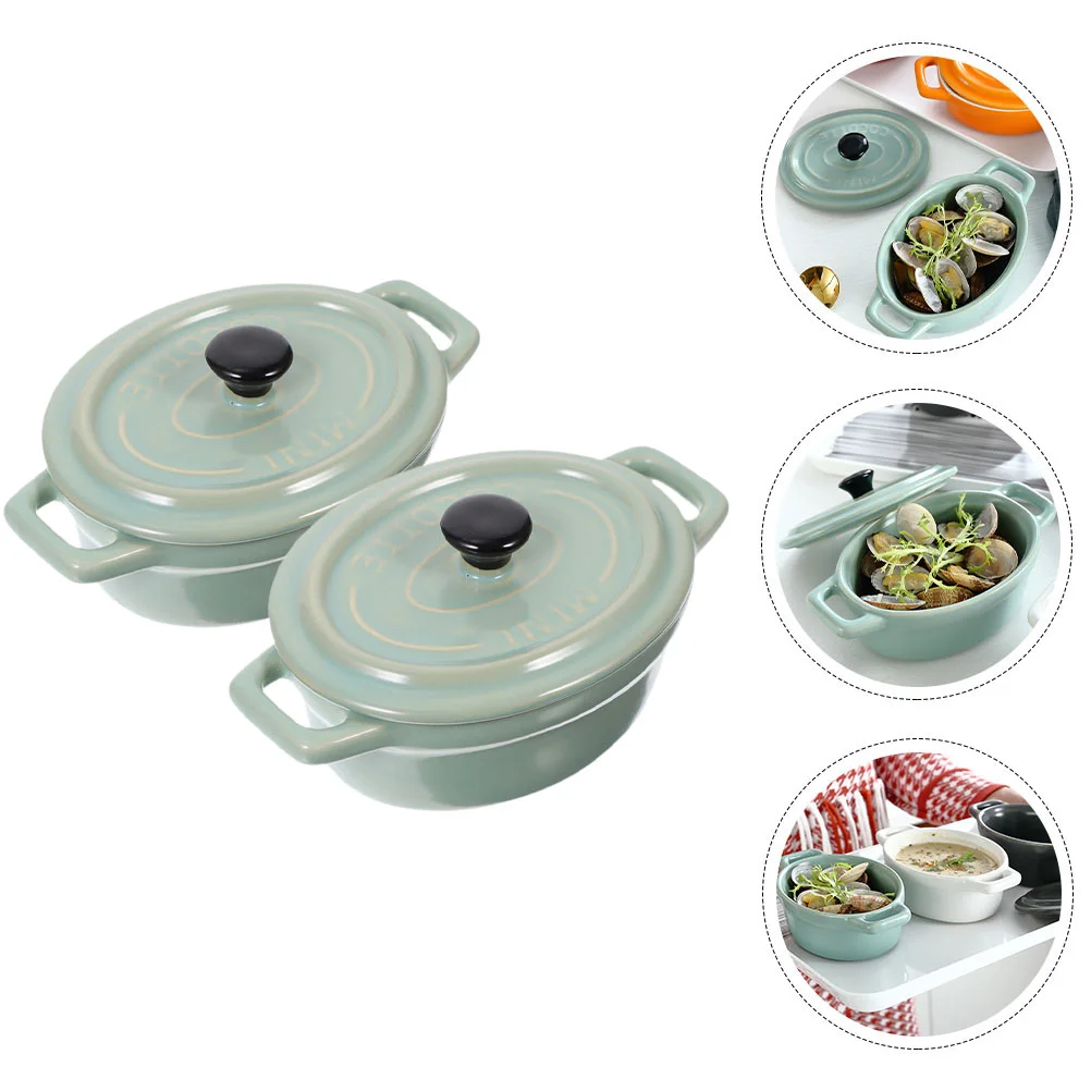 

2pcs Ceramic Double Handle Decorative Multi-use With Lid Stew Pot Salad Bowl