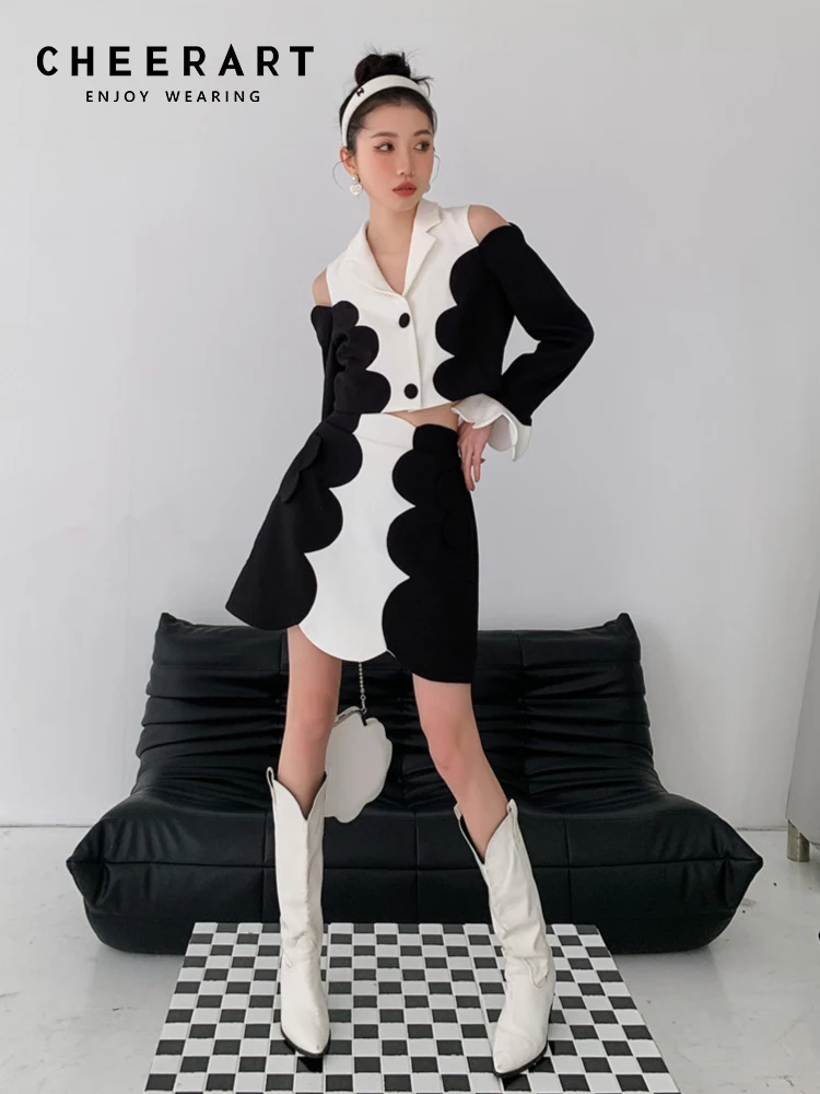 

CHEERART Off The Shoulder Designer Jacket Cropped Blazer Women Fashion Tailored Coat Black And White Patchwork Blazer Outfits