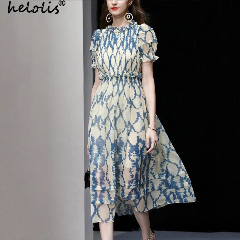 

Helolis Runway Fashion Designer Ink Print Dresses for Women 2023 Summer New Ruffles Stand Collar Lantern Sleeve Dress Vestidos