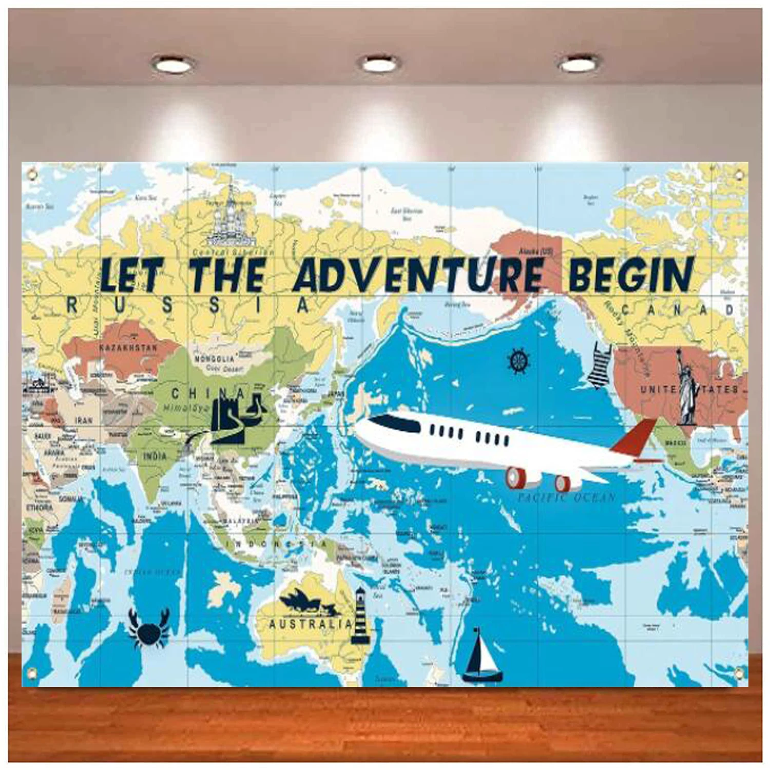 

Adventure Awaits Photography Backdrop Large Travel Theme Banner Decoration Let The Begin World Map Dessert Table Background Prop
