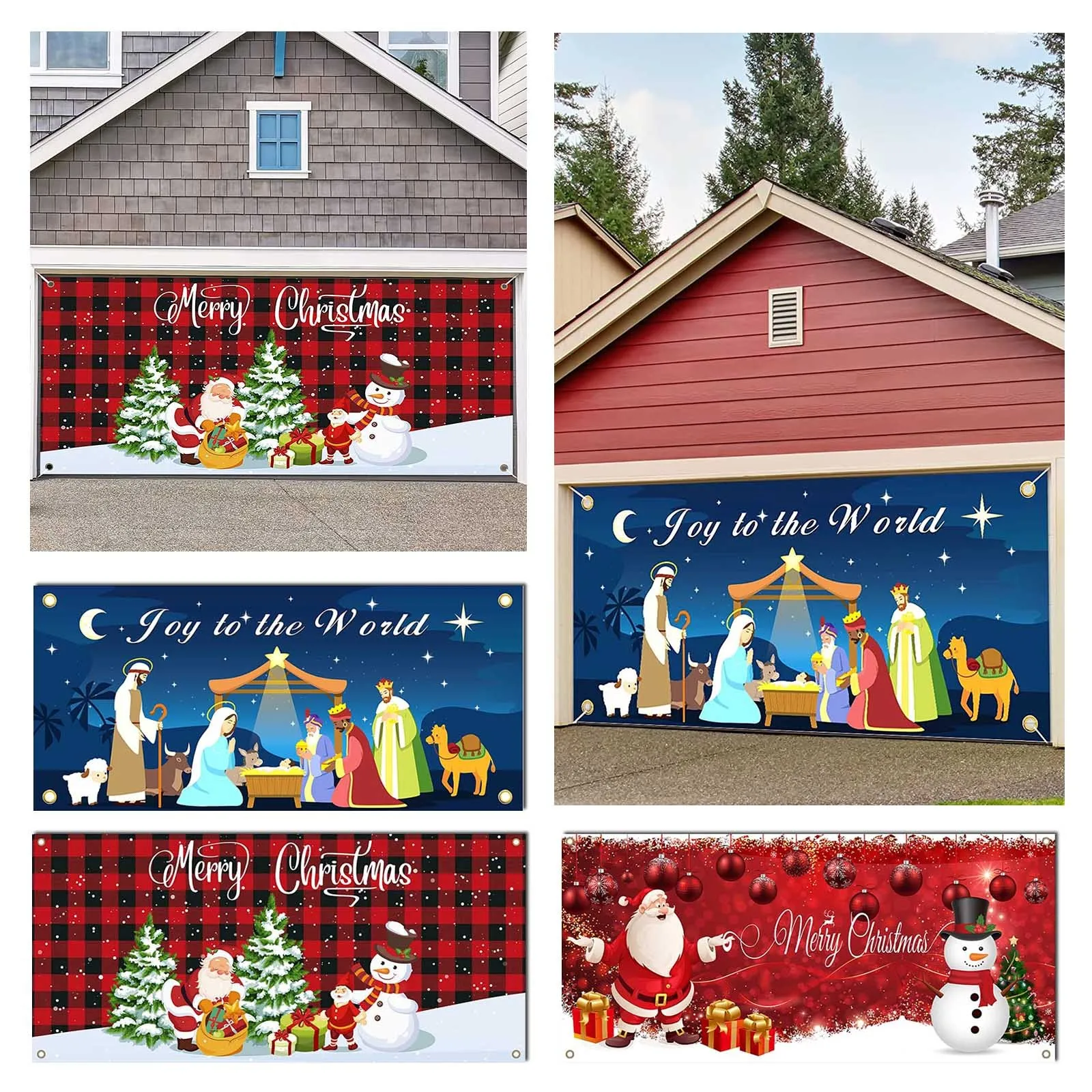 

Рождественский праздничный баннер 70X157 дюймов, крышка двери гаража, Фреска, зимний Снеговик, Санта, наружный большой чехол для двери, украшен...