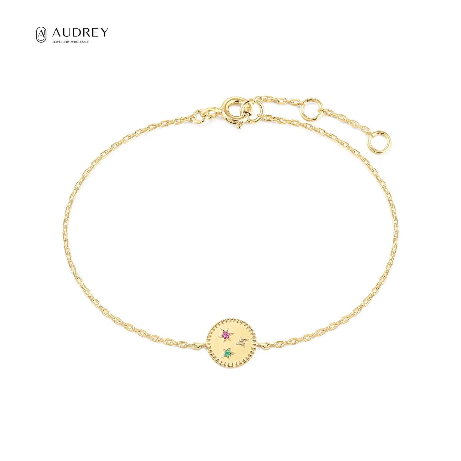 

Audrey Fine Jewelry Designer Bracelets 14k Plated Gold 925 Sterling Silver Color Zircon Round Charm Bracelet Thin Chain Femme