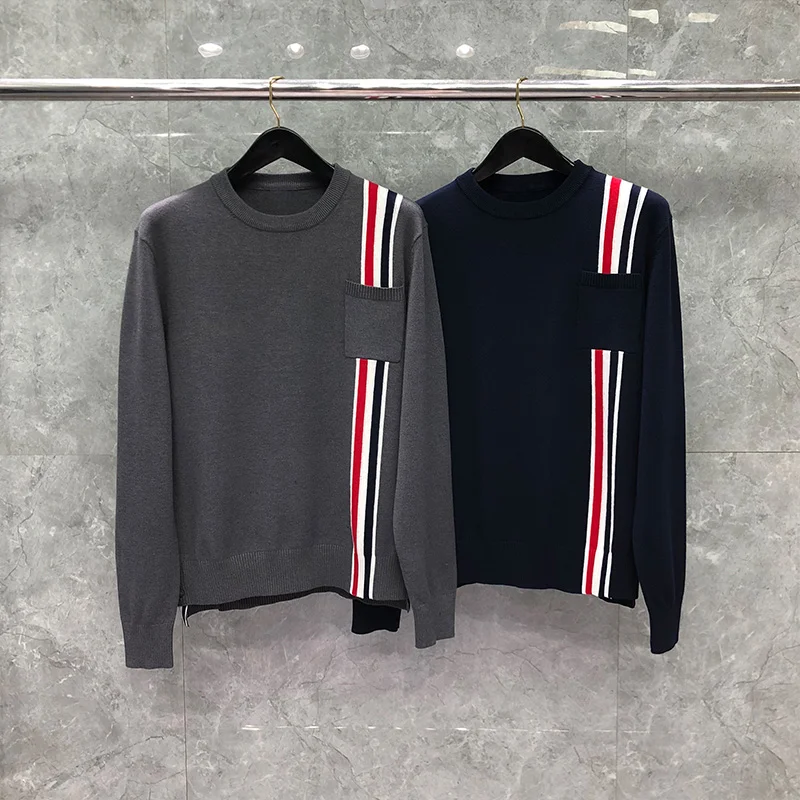 

THOM Men's Sweater TB Autunm Fashion Brand Blouses Classic Cotton RWB Stripe Crewneck Pullovers Tops Harajuku Casual Sweaters