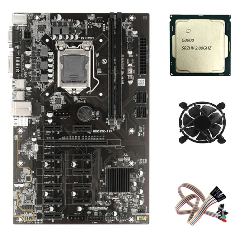 

B250 набор материнской платы для майнинга LGA 1151 с ЦПУ G3900 12 PCI-E слот GPU 2133 МГц DDR4 для биткоинов ETH Майнер оборудование для майнинга