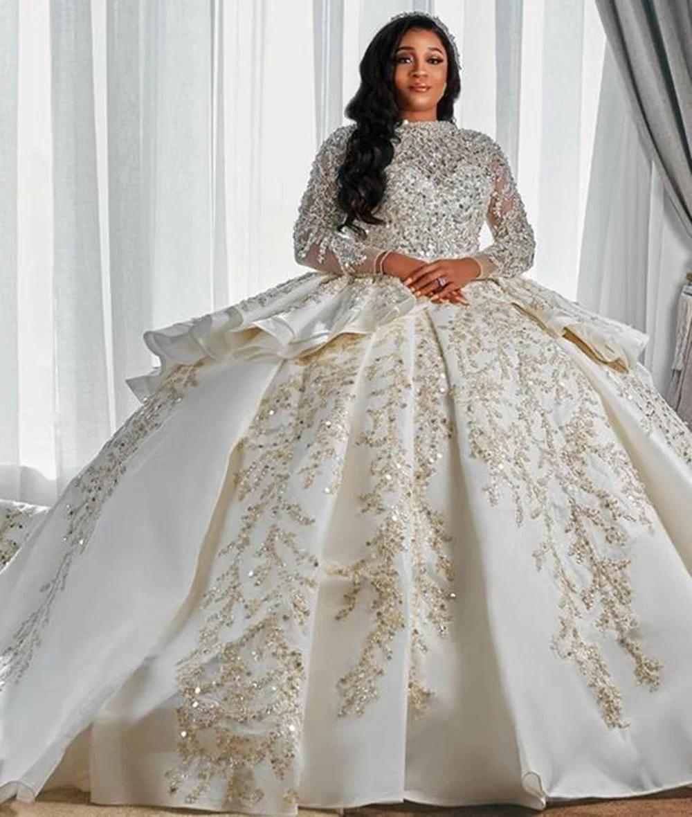 

Luxurious Style A Line Wedding Gowns Long Sleeves Plus Size Puffy Train Princess Sparkly Sequins Bridal Party Dresses Robe