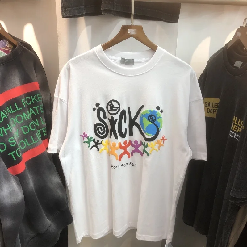 

Sicko 2022 Summer Human Alphabet Earth Print High Street Cotton Loose Large Men's And Women's Short Sleeve t-Shirt Black And Whi