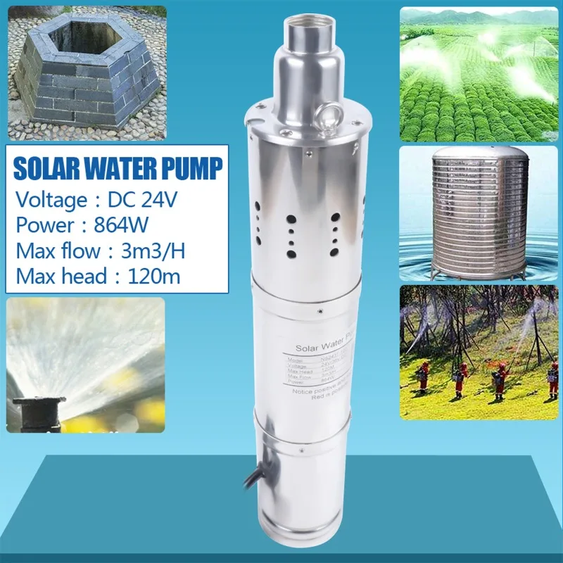 

24V 864W DC Solar Water Pump Bore Hole Deep Well Pump Submersible Water Pond Fountain Pump for Farm Ranch Irrigation