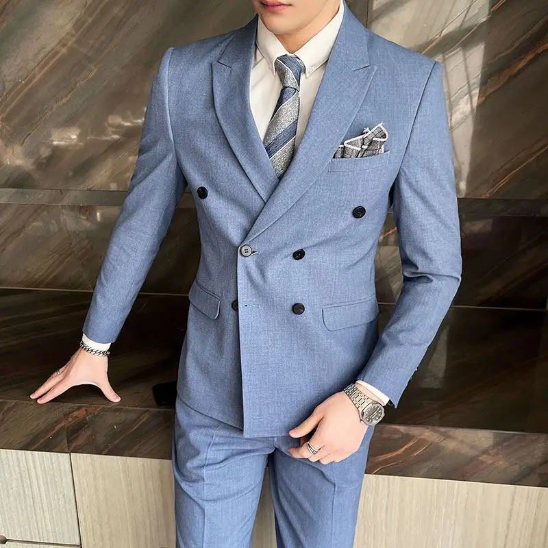 Boutique (suit + Vest + Trousers) Men's Fashion Business Gentleman Slim Double Breasted Casual Formal Dress Three-piece Suit