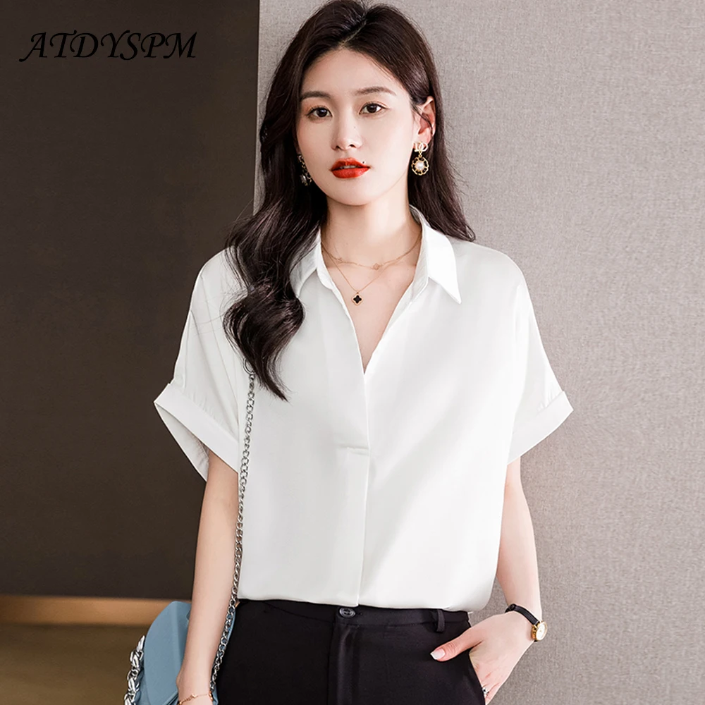 

Рубашка женская Свободная с V-образным вырезом, повседневная простая однотонная Элегантная блузка с коротким рукавом, модный топ, белый цве...