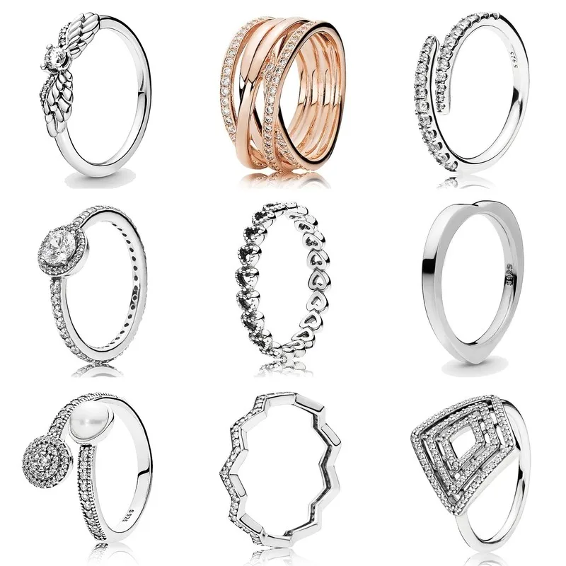 

Authentic 925 Sterling Silver Sparkling Angel Wings With Crystal Ring For Women Wedding Party Gift Fashion Jewelry