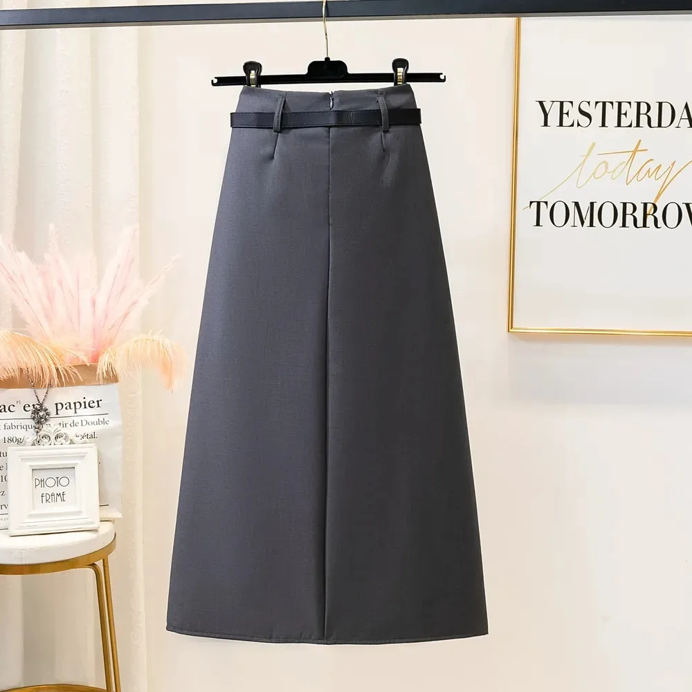 Женский плиссированный костюм черная длинная юбка с поясом Корейская серая