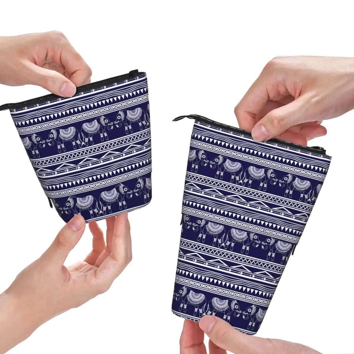 

Elephant Tribal Fold Pencil Case White and Blue University Teenager Standing Pencil Box Cute Pen Pouch