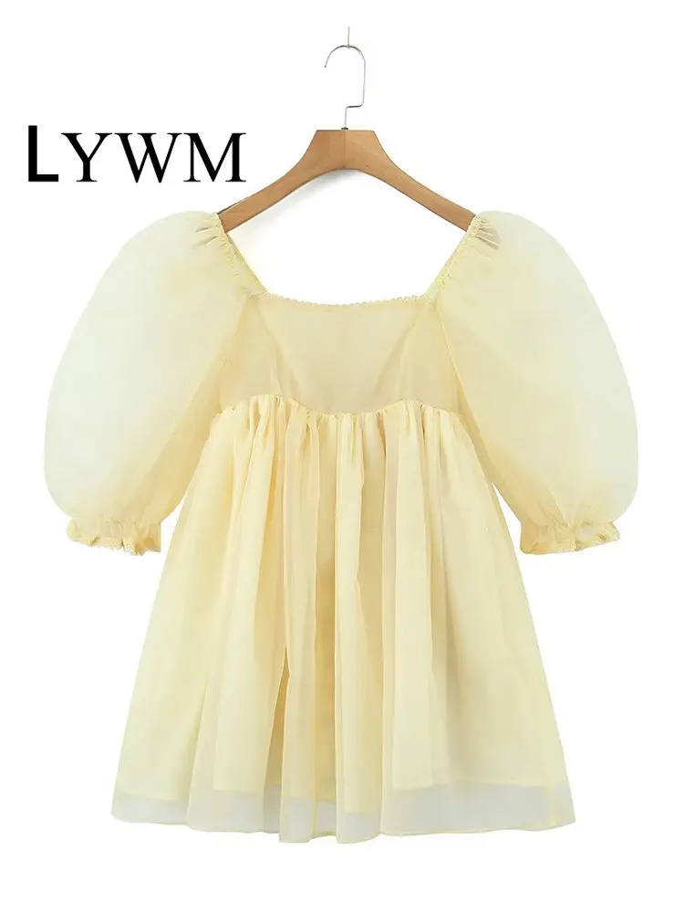 

LYWM Women Fashion Soild Organza Mini Dress Vintage V-Neck Puff Sleeve Back Zipper Female Chic Lady Dresses