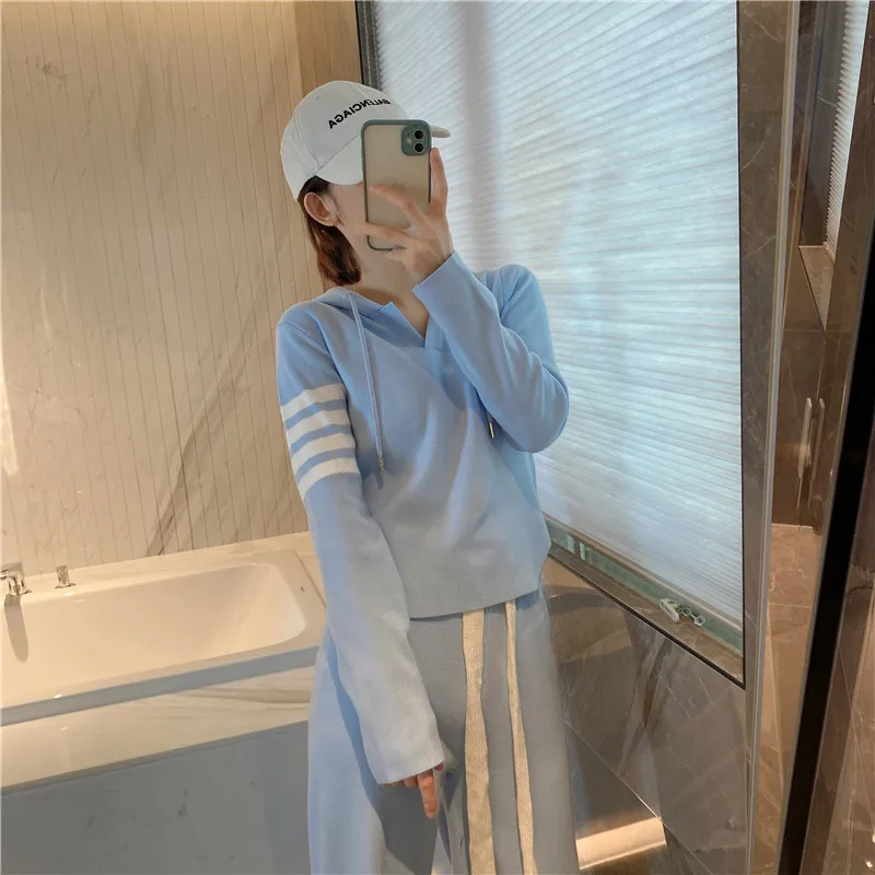 TB Style Four Bar Knitting Design Suit Small Number of Long Sleeve Top Hooded High Waist Casual Straight Leg Pants Autumn