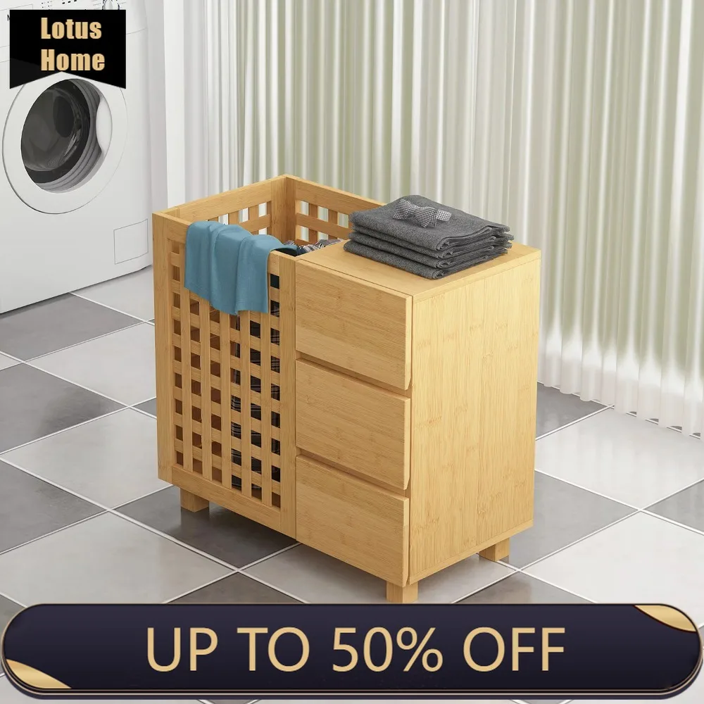 

Bamboo Laundry Hamper Basket with Drawers, Nature Free Shipping